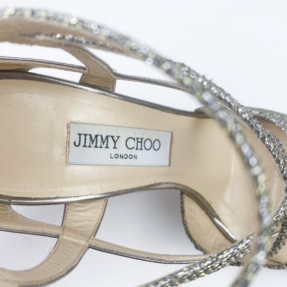 Jimmy Choo Metallic Sparkle & Leather Vermeil Caged Strappy Heel Sandals - Picture 8 of 10